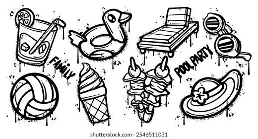 Set of graffiti spray paint pool party elements vector illustration