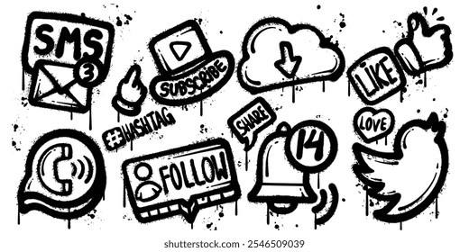 Set of graffiti spray paint social media elements vector illustration