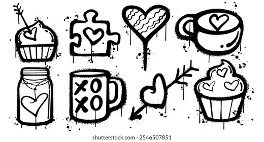 Set of graffiti spray paint valentine day elements vector illustration