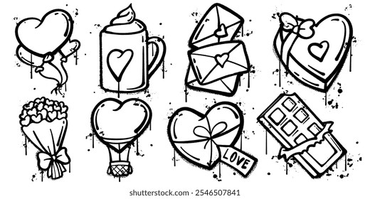 Set of graffiti spray paint valentines day elements vector illustration