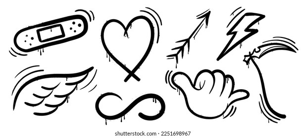 Set of graffiti spray paint vector. Collection black spray texture of heart, wing, arrow, lightning bolt, symbol, plaster, sign. Design illustration for decoration, card, sticker. banner, street art.