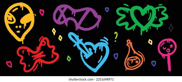 Set of graffiti spray paint vector. Collection colorful spray texture of alien, heart, knife, wing, poison, lollipop, candy. Design illustration for decoration, card, sticker. banner, street art.