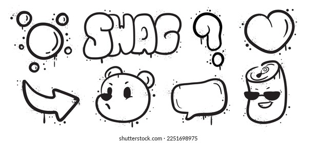 Set of graffiti spray paint vector. Collection black spray texture of bubble, swag, arrow, heart, moody bear, question mark. Design illustration for decoration, card, sticker. banner, street art.