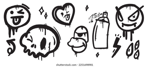 Set of graffiti spray paint vector. Collection black spray texture of monster, devil, teasing face, heart, skull, arrow, spray. Design illustration for decoration, card, sticker. banner, street art.