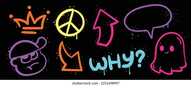 Set of graffiti spray paint vector. Collection colorful spray texture of crown, symbol, arrow, speech bubble, ghost, comic face. Design illustration for decoration, card, sticker. banner, street art.