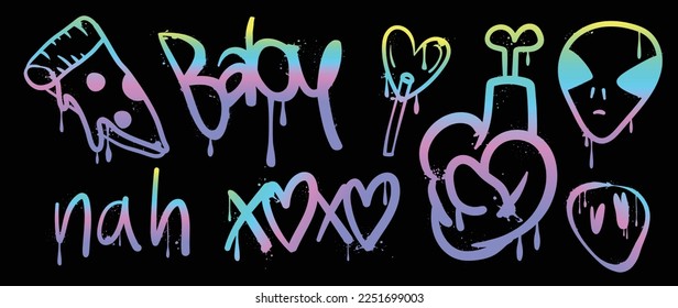 Set of graffiti spray paint vector. Collection colorful spray texture of pizza, heart bubble, organ, xoxo, wording, alien face. Design illustration for decoration, card, sticker. banner, street art.