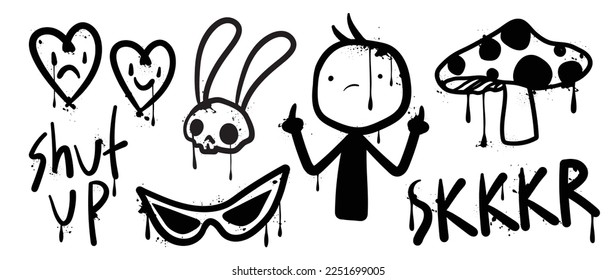 Set of graffiti spray paint vector. Collection black spray texture of heart, bunny skull, gesture, sign, eyeglasses, mushroom. Design illustration for decoration, card, sticker. banner, street art.