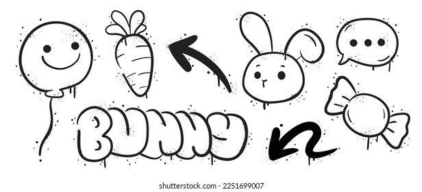 Set of graffiti spray paint vector. Collection black spray texture of balloon, carrot, rabbit, candy, arrow, speech bubble. Design illustration for decoration, card, sticker. banner, street art.