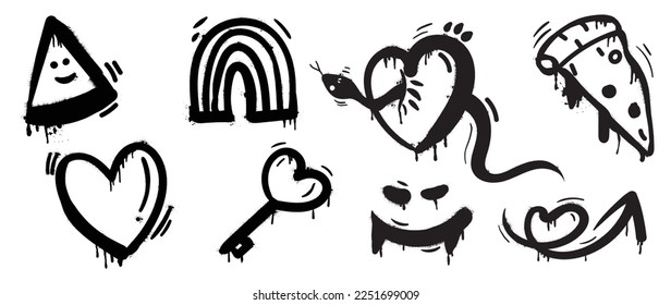 Set of graffiti spray paint vector. Collection black spray texture of triangle face, heart, snake, key, monster, pizza, arrow. Design illustration for decoration, card, sticker. banner, street art.