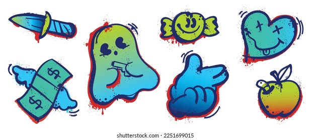 Conjunto de vector de pintura de graffiti. Colección de textura de pulverización colorida de cuchillo, signo de mano, fantasma, corazón, caramelos, billete, manzana. Ilustración de diseño para decoración, tarjeta, pegatina. pancarta, arte callejero.