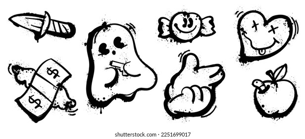 Set of graffiti spray paint vector. Collection black spray texture of ghost, knife, banknote, candy, heart, hand sign, apple. Design illustration for decoration, card, sticker. banner, street art.