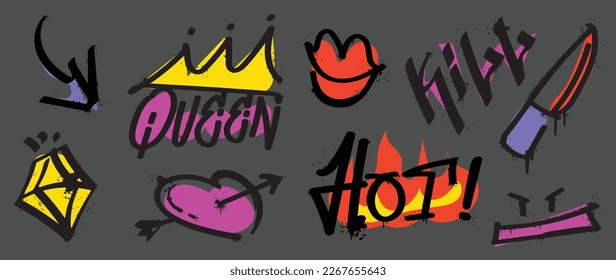 Set of graffiti spray paint vector. Colorful brush paint ink splatter texture collection of text, diamond, crown, mouth, heart, mouth, knife. Design for decoration, card, sticker. banner, street art.