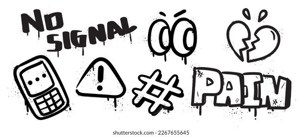 Set of graffiti spray paint vector. Black brush paint ink drip texture collection of text, mobile phone, broken heart, eyeball. Design illustration for decoration, card, sticker. banner, street art.