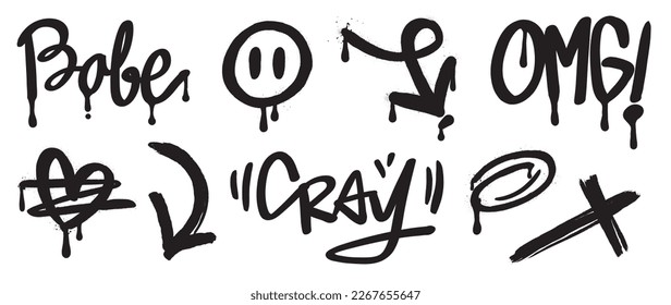 Set of graffiti spray paint vector. Black brush paint ink drip texture collection of text, symbol, heart, scribble, arrow, word. Design illustration for decoration, card, sticker. banner, street art.