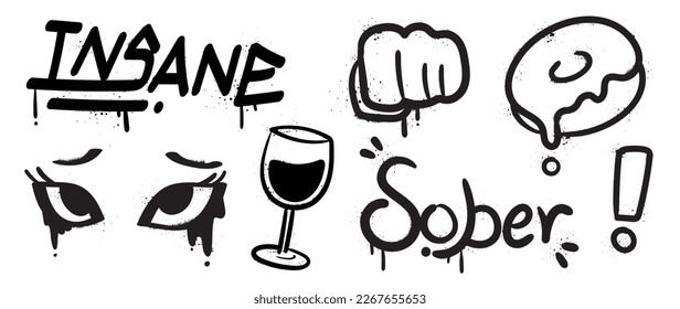 Set of graffiti spray paint vector. Black brush paint ink drip texture collection of text, wine glass, fist, doughnut, face. Design illustration for decoration, card, sticker. banner, street art.