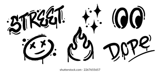 Set of graffiti spray paint vector. Black spray ink dripping texture collection of text, sparkle, comic face, flame, eyeball. Design illustration for decoration, card, sticker. banner, street art.