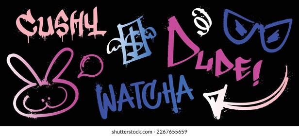 Set of graffiti spray paint vector. Colorful brush paint ink splatter texture collection of text, banknote, bunny, arrow, eyeglasses, word. Design for decoration, card, sticker. banner, street art.