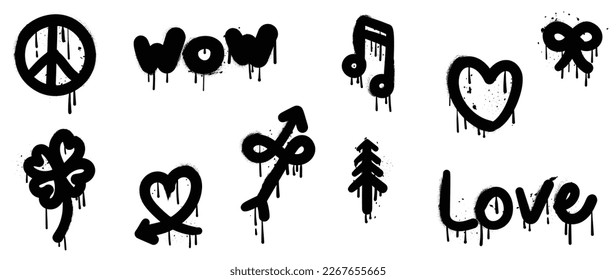 Set of graffiti spray paint vector. Black brush paint ink drip texture collection of symbol, music note, arrow, heart, clover. Design illustration for decoration, card, sticker. banner, street art.