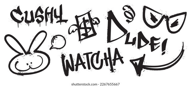 Set of graffiti spray paint vector. Black brush paint ink drip texture collection of text, banknote, bunny, eyeglasses, arrow. Design illustration for decoration, card, sticker. banner, street art.