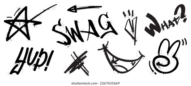 Set of graffiti spray paint vector. Black brush paint ink drip texture collection of text, star, monster teeth, hand sign, arrow. Design illustration for decoration, card, sticker. banner, street art.