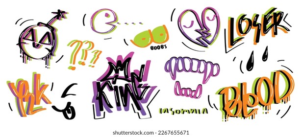 Conjunto de vector de pintura de graffiti. Colección de texto, palabra, bomba cómica, corazón roto. Ilustración de diseño para decoración, tarjeta, pegatina. pancarta, arte callejero.