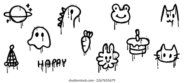 Set of graffiti spray paint vector. Black brush paint ink drip texture collection of planet, dinosaur, carrot, cake, animal. Design illustration for decoration, card, sticker. banner, street art.