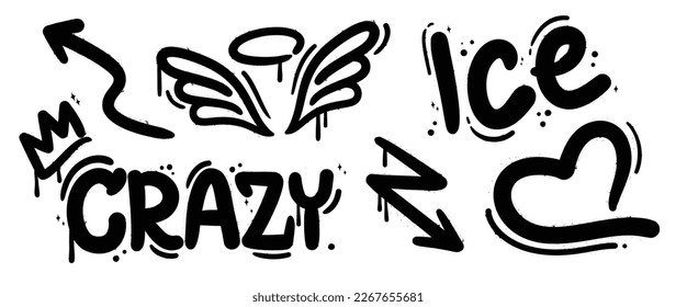 Set of graffiti spray paint vector. Black brush paint ink drip texture collection of text, crown, arrows, heart, angel wing. Design illustration for decoration, card, sticker. banner, street art.