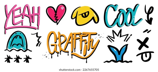 Conjunto de vector de pintura de graffiti. Colección de texto, palabra, corazón roto, monstruo, flecha, ballena. Ilustración de diseño para decoración, tarjeta, pegatina. pancarta, arte callejero.