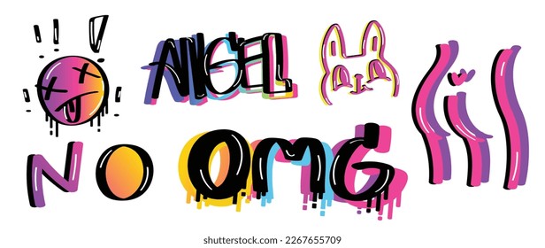 Set of graffiti spray paint vector. Vibrant brush paint ink drip texture collection of text, word, comic face, symbol, animal. Design illustration for decoration, card, sticker. banner, street art.