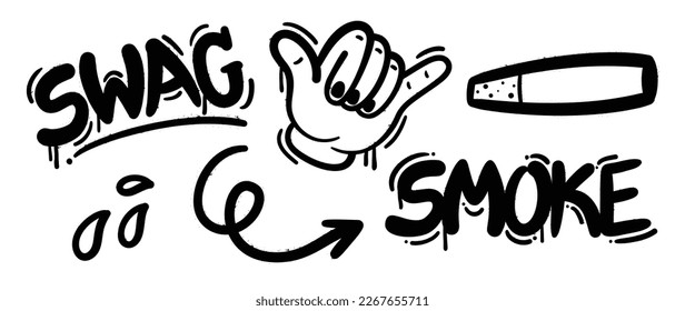 Set of graffiti spray paint vector. Black brush paint ink drip texture collection of text, shaka hand sign, arrow, smoke, drop. Design illustration for decoration, card, sticker. banner, street art.