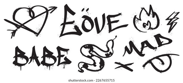 Set of graffiti spray paint vector. Black brush paint ink drip texture collection of text, arrow, heart, snake, flame, thunder. Design illustration for decoration, card, sticker. banner, street art.