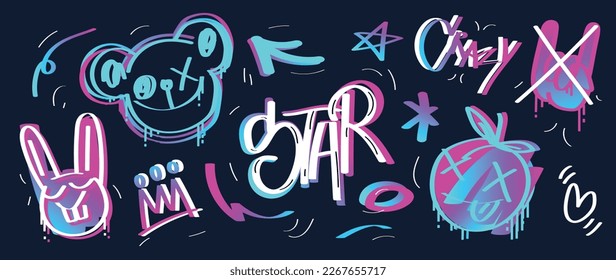 Set of graffiti spray paint vector. Brush paint ink drip texture collection of text, word, crown, shaka hand sign, star, arrow. Design illustration for decoration, card, sticker. banner, street art.