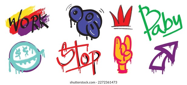 Set of graffiti spray paint vector. Colorful brush paint ink dripping texture collection of text, arrow, crown, hand sign, abstract element. Design for decoration, card, sticker. banner, street art.
