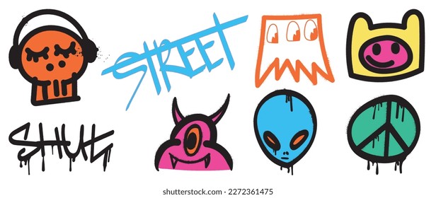 Set of graffiti spray paint vector. Colorful brush paint ink dripping texture collection of text, abstract element, monster, alien, symbol. Design for decoration, card, sticker. banner, street art.