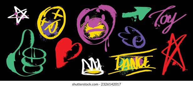 Set of graffiti spray paint vector. Brush paint ink drip collection of text word, heart, hand, star, crown, bear, arrow. Neon spray design illustration for decoration, card, sticker, street art.