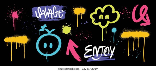 Set of graffiti spray paint vector. Brush paint ink drip collection of text word, arrow, emoji, cloud, spot, enjoy. Neon spray design illustration for decoration, card, sticker, street art.