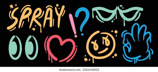 Set of graffiti spray paint vector. Brush paint ink drip collection of text, word, question mark, heart, eyes, ok sign hand. Neon spray design illustration for decoration, card, sticker, street art.