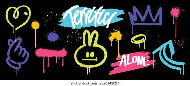 Set of graffiti spray paint vector. Brush paint ink drip collection of text word, arrow, star, crown, heart, hand, rabbit. Neon spray design illustration for decoration, card, sticker, street art.