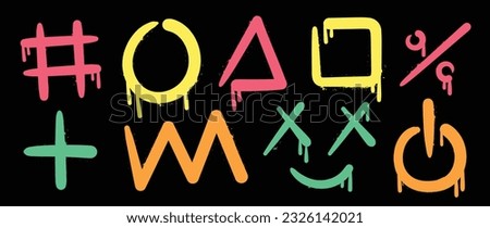 Set of graffiti spray paint vector. Brush paint ink drip collection of geometric shapes, circle, square, triangle, plus, face. Neon spray design illustration for decoration, card, sticker, street art.