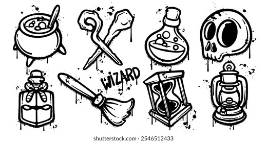 Set of graffiti spray paint wizard elements vector illustration