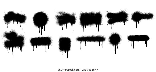 Set of graffiti Spray painted Drips Black ink splatters isolated on white background.