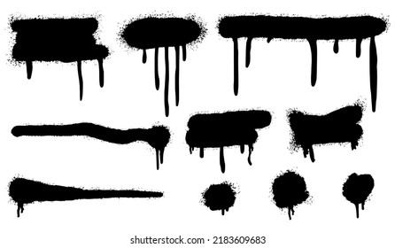 Set von Graffiti Spray gestrichenen Linien und Drips Black Tinte Platter einzeln auf weißem Hintergrund. Vektorgrafik.