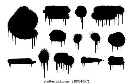 Set von Graffiti Spray gestrichenen Linien und Drips Black Tinte Platter einzeln auf weißem Hintergrund. Vektorgrafik.