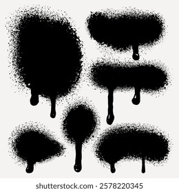 Set of graffiti spray painted lines black ink splatters isolated on white background. Collection of painted spray elements. Grunge graffiti painted borders, shapes, dirty splatter street art strokes.
