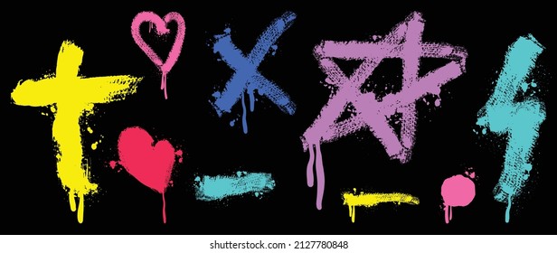 Set of graffiti spray pattern. Collection of colorful symbols, purple smile, pink hearts, dot and stroke with spray texture. Elements on black background for banner, decoration, street art and ads.
