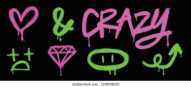 Set of graffiti spray pattern. Collection of colorful symbols, text, heart, rabbit, diamond, arrow, stroke with spray texture. Elements on black background for banner, decoration, street art and ads.