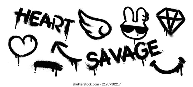 Set of graffiti spray pattern. Collection of black symbols, heart, wing, text, rabbit, dot and stroke with spray texture. Elements on white background for banner, decoration, street art and ads.