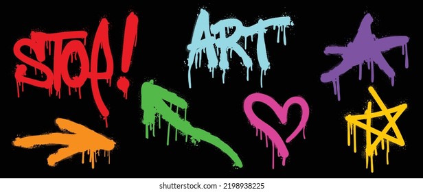 Set of graffiti spray pattern. Collection of colorful symbols, text, heart, stars, arrows and stroke with spray texture. Elements on black background for banner, decoration, street art and ads.