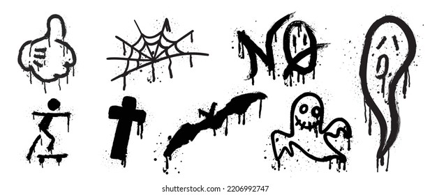 Conjunto de patrones de graffiti. Colección de símbolos de halloween, fantasma, murciélago, telaraña, cruz, pulgar arriba con textura de aerosol. Elementos sobre fondo blanco para banner, decoración, arte callejero, halloween.