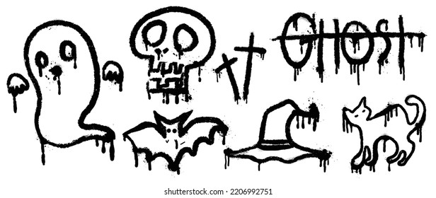 Conjunto de patrones de graffiti. Colección de símbolos de halloween, fantasma, cráneo, murciélago, sombrero de bruja, gato, tipo de letra con textura de pulverización. Elementos sobre fondo blanco para banner, decoración, arte callejero, halloween.